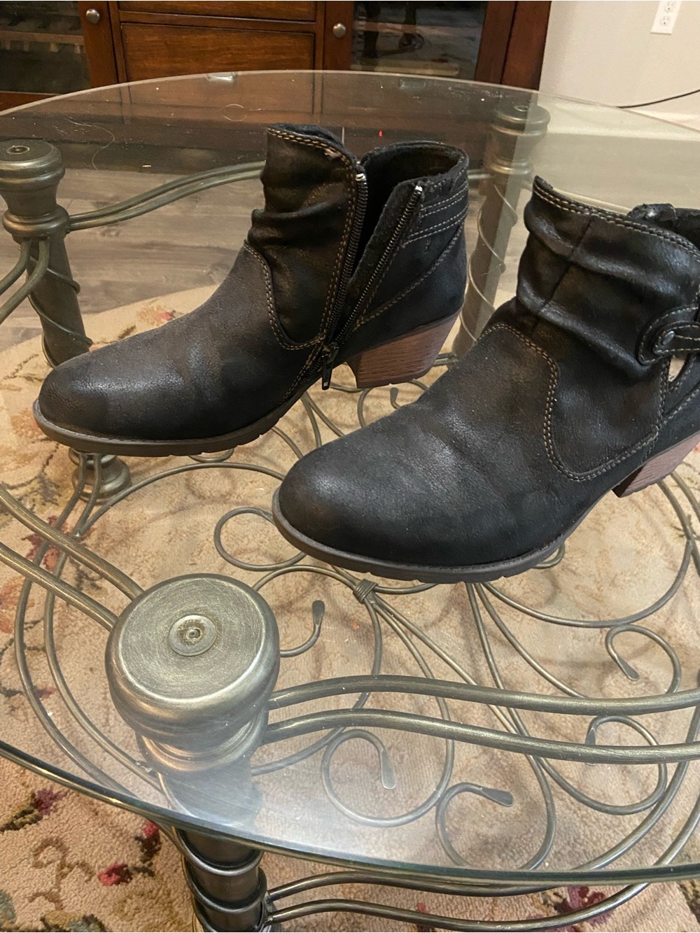 Women's Black Ankle Booties with Side Zip and Low Stacked Heel